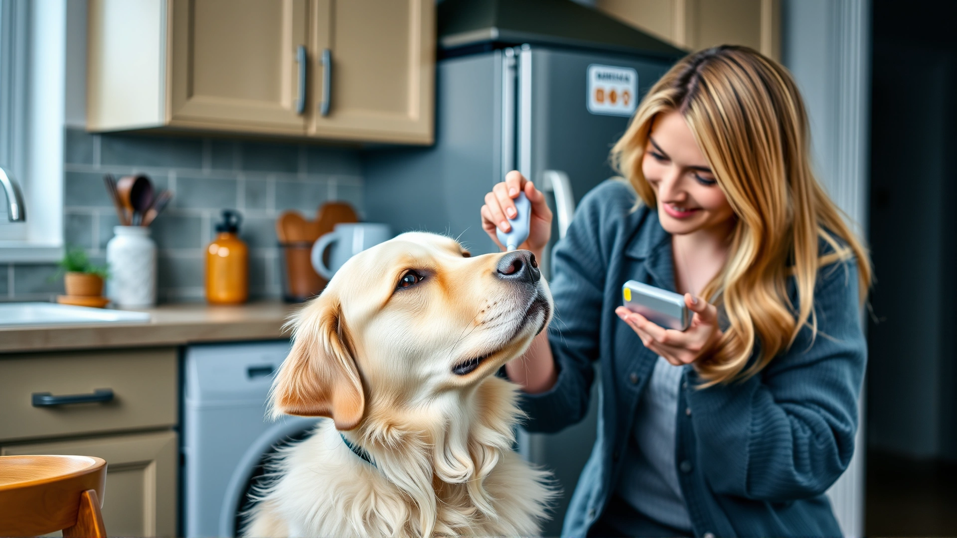 Pet owner gently giving a pill to a Golden Retriever using a pill popper device in a cozy home kitchen, no text