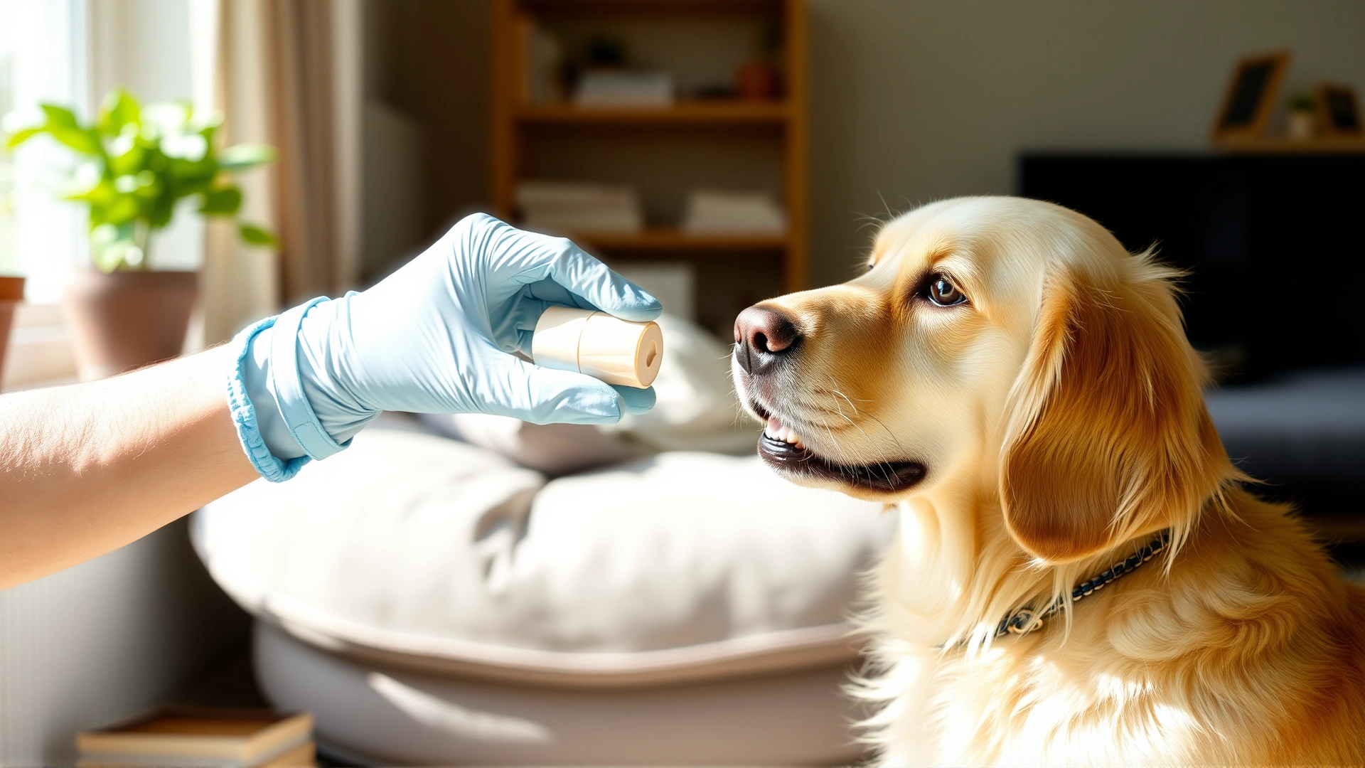 Pet owner wearing gloves gently using a pill dispenser to give a tablet to a cooperative golden retriever at home, bright natural light