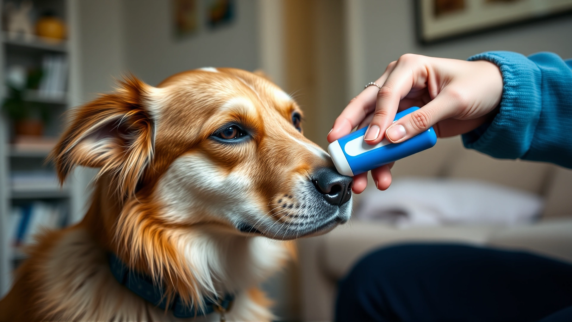 Pet owner’s hand giving a tablet to a calm dog using a pill dispenser, indoor home environment, no text