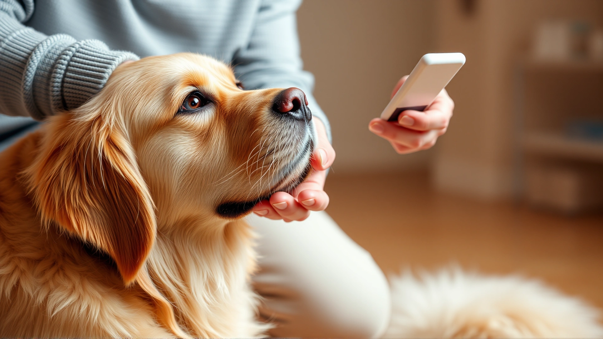 Friendly pet owner giving a tablet to a calm golden retriever using a pill popper, shot indoors with warm lighting.