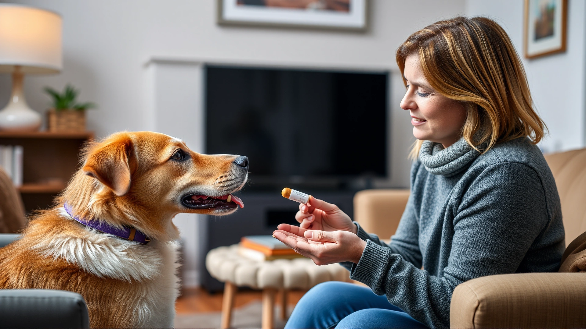 Pet owner offering a pill wrapped in a small treat to a medium-sized dog in a cozy living room.