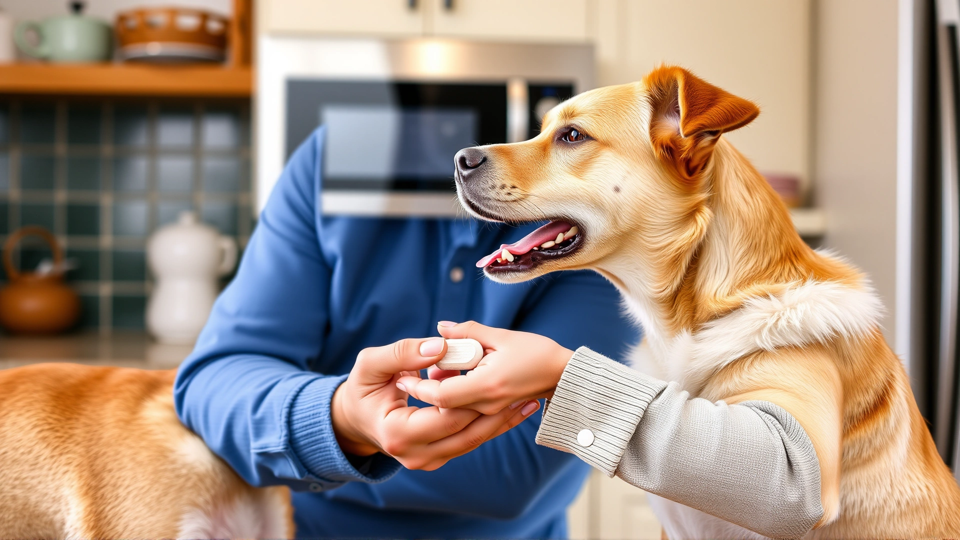 Owner giving a chewable tablet to a medium-sized dog in a kitchen, illustrating easy oral administration, candid moment.