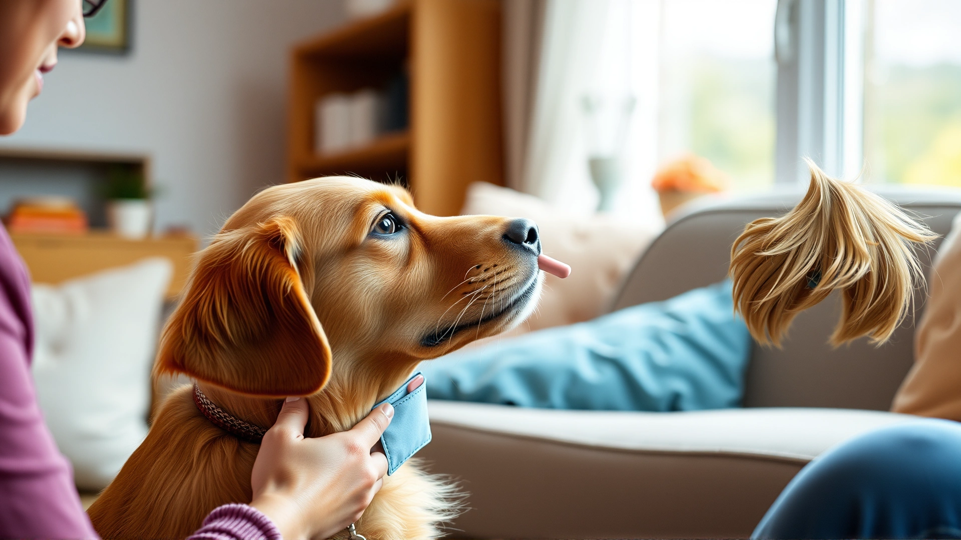 Pet owner gently giving a capsule to a golden retriever using a pill pocket, cozy indoor home setting