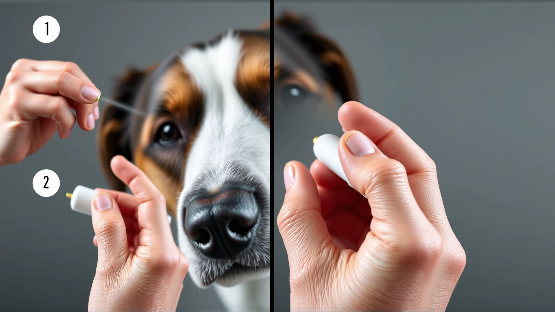 Step-by-step style close-up of a hand gently holding a dog's muzzle while inserting a nasal spray nozzle into the nostril