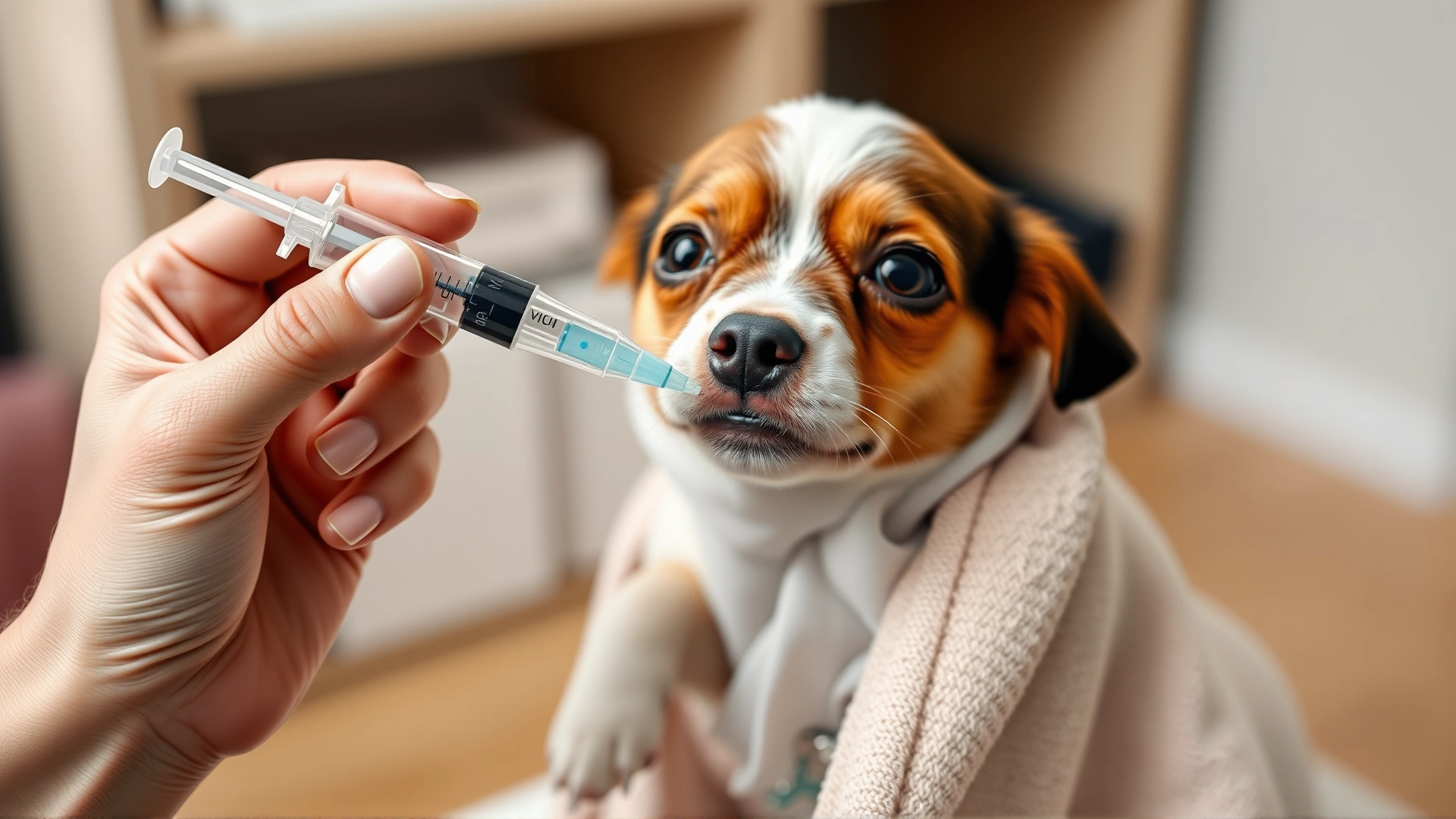 Close-up of a human hand gently giving an oral syringe of clear solution to a small dog wrapped in a towel, calm indoor setting