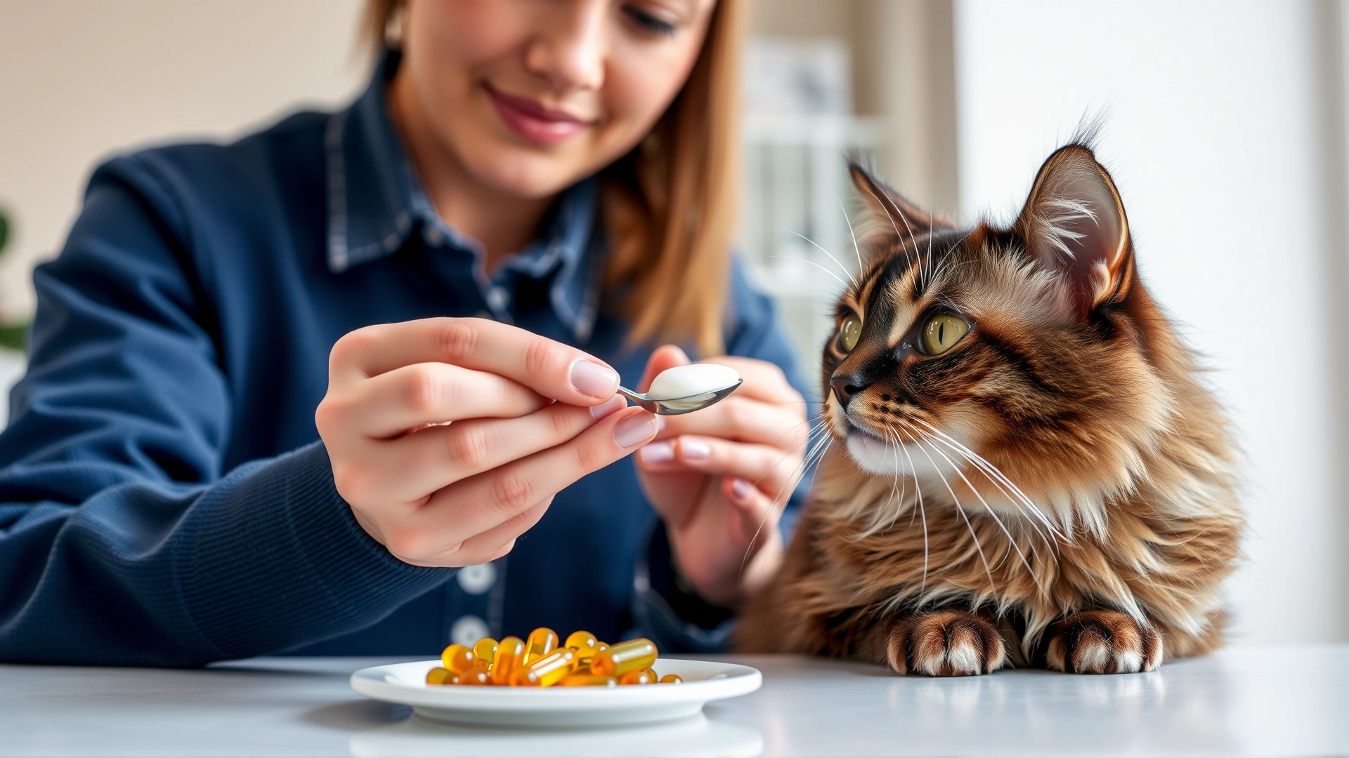 Pet owner holding a teaspoon of coconut oil while a curious cat investigates, concept of administering supplements to pets, clean indoor setting