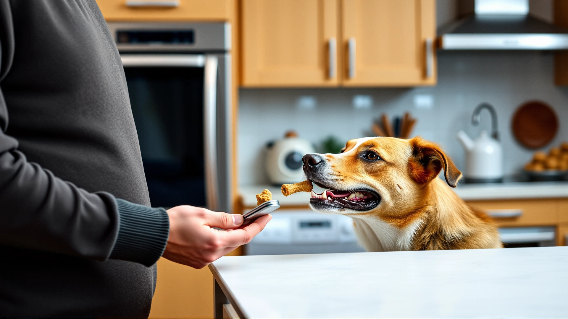 Owner offering a chewable tablet to a medium-sized dog in a kitchen setting, dog eagerly accepting the treat