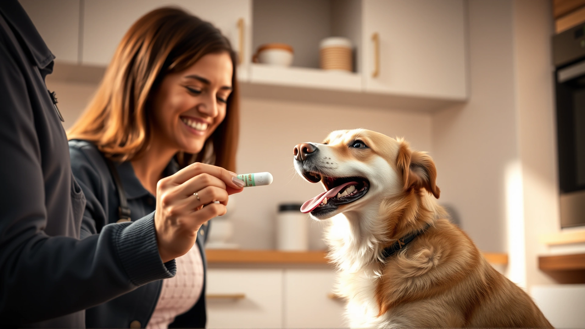 Pet owner offering a hidden pill inside a treat to a happy dog in a modern kitchen environment, warm lighting