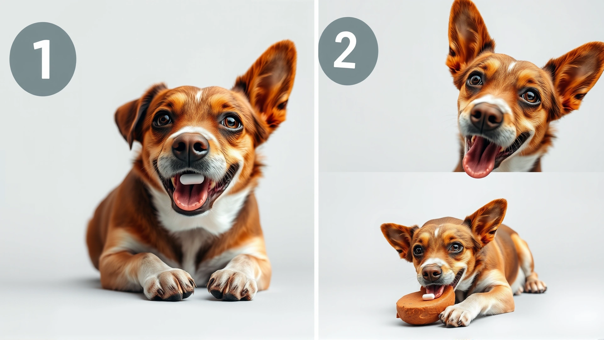 Step-by-step collage showing a pill being hidden in a soft treat, offered to a happy dog, and the dog swallowing it, on a neutral background.