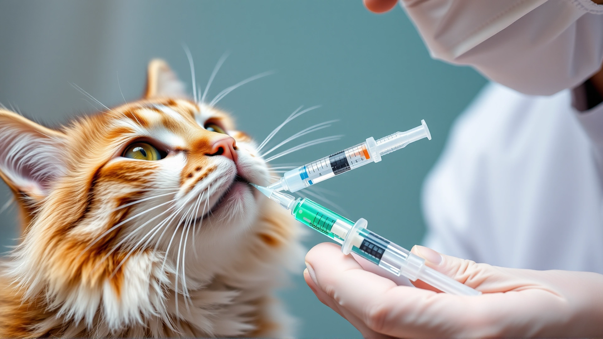 Pet owner gently administering oral solution to a cat using a dosing syringe, close-up shot, bright and well lit