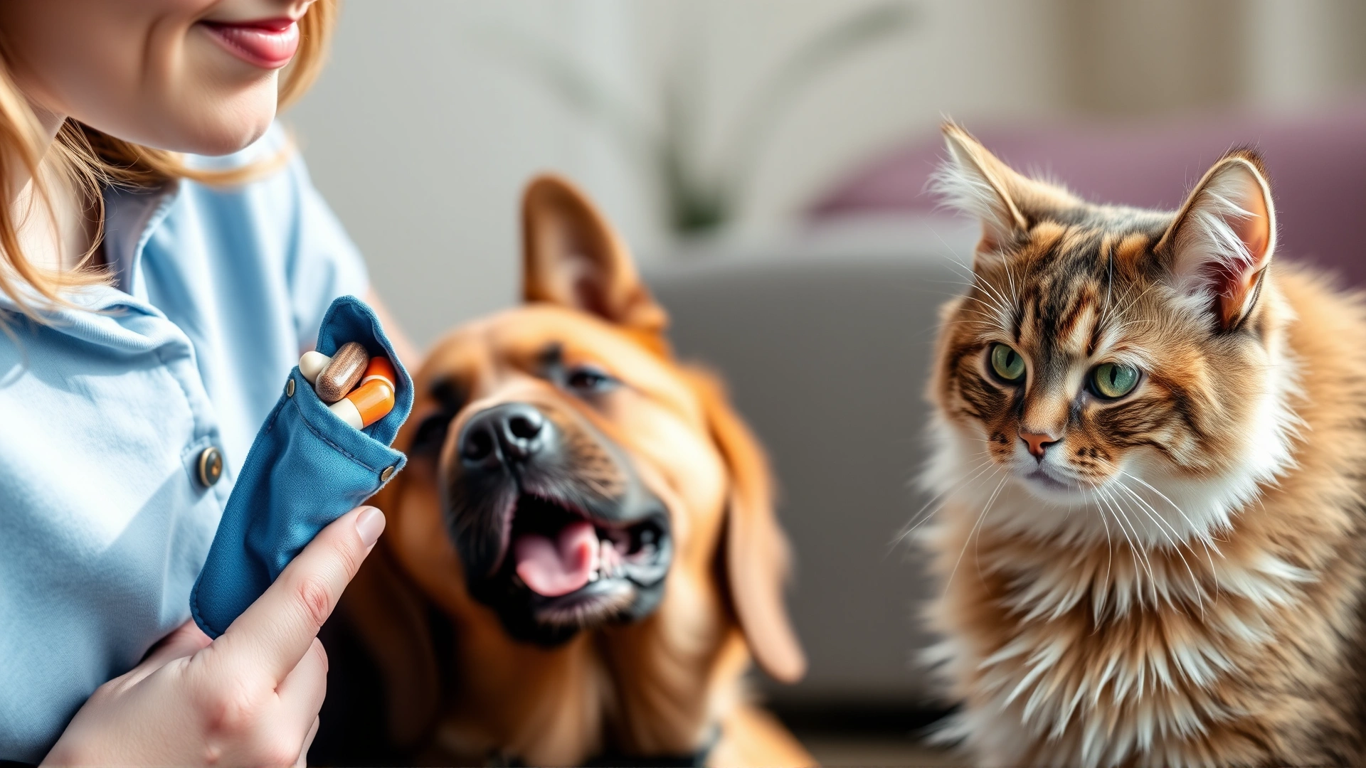 Pet owner offering a treat-filled pill pocket to a curious dog while a cat watches, soft natural light