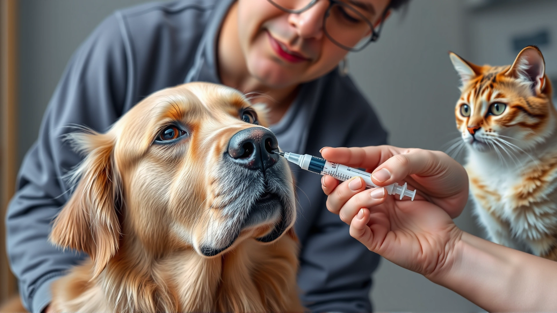 Pet owner gently giving an oral syringe of medication to a calm golden retriever while a curious cat watches in the background