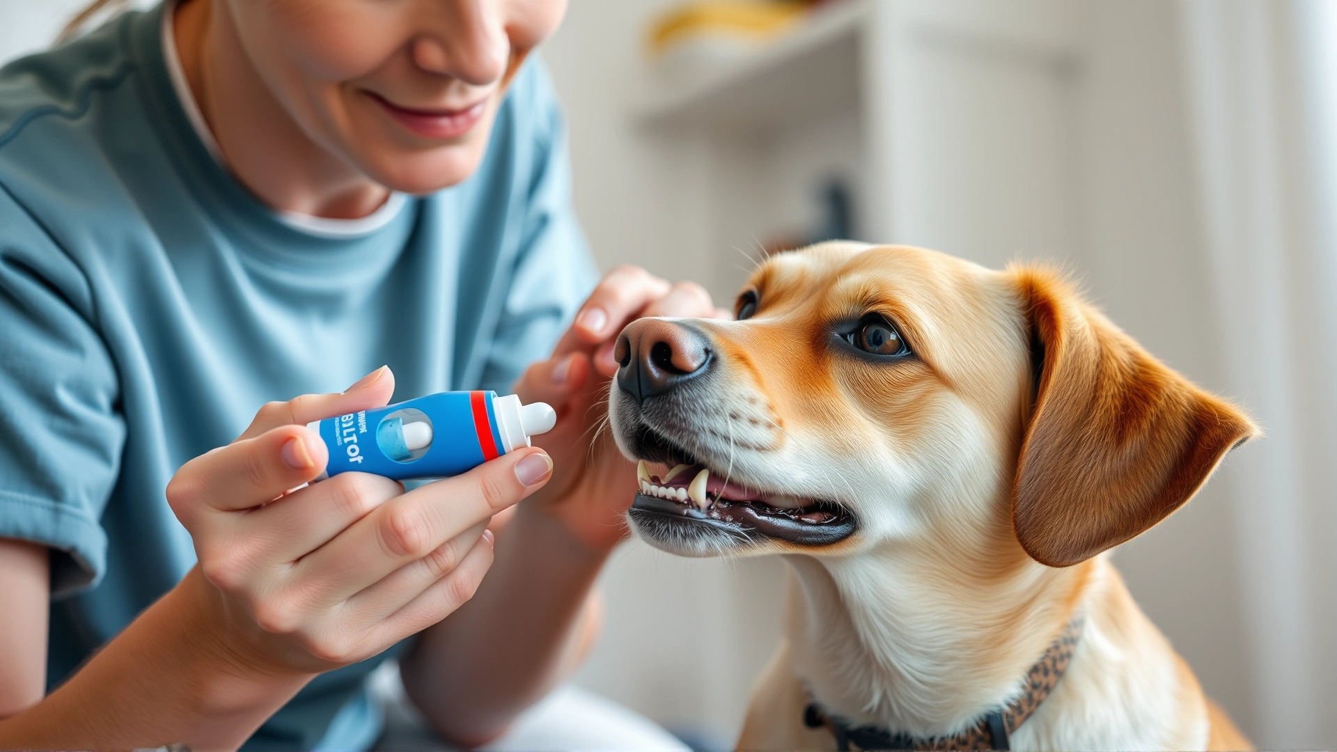 Pet parent giving a pill to a medium-sized dog using a pill popper, soft indoor lighting.