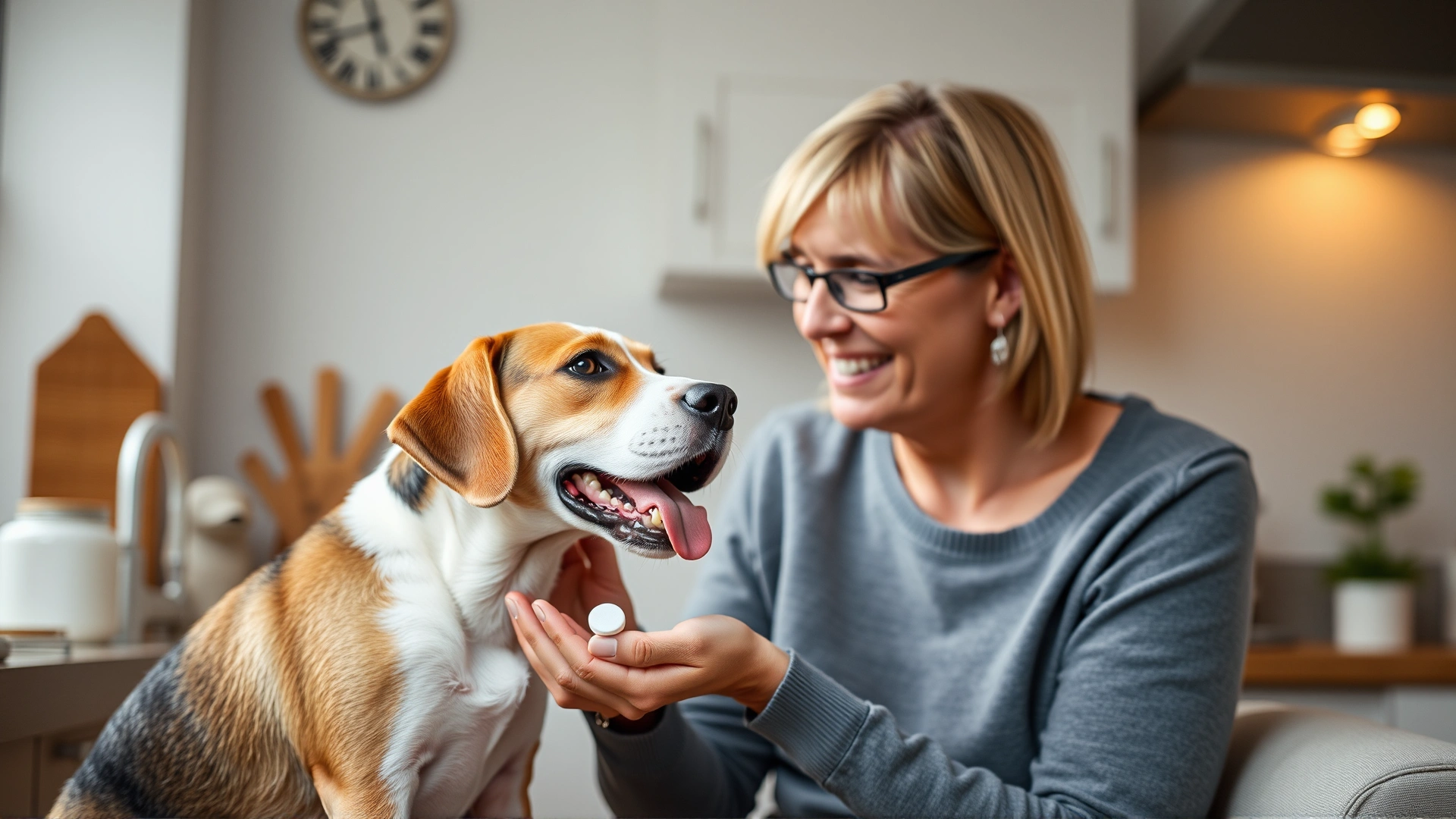 Owner giving a small chewable tablet to a happy beagle while sitting in the kitchen, warm lighting
