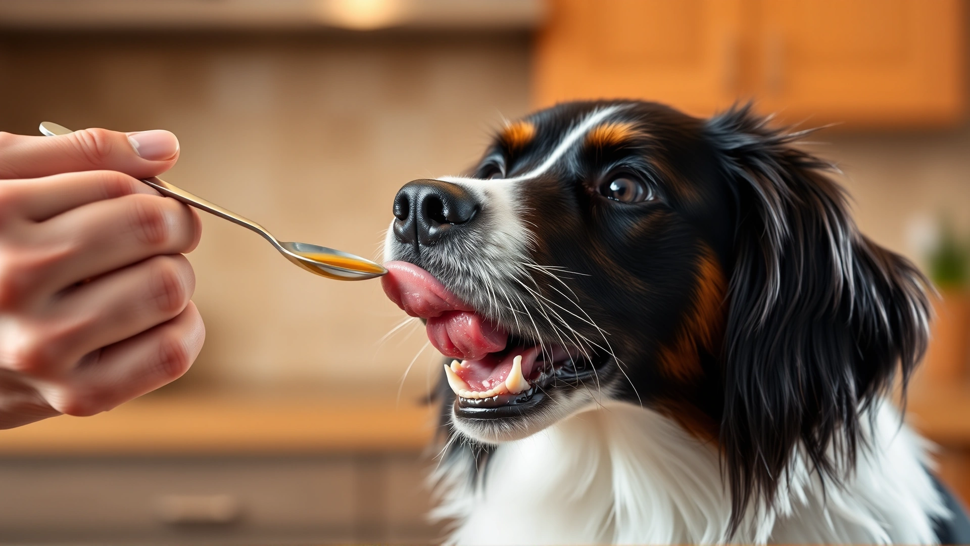 Dog eagerly licking a liquid supplement from a measuring spoon held by its owner, kitchen background, warm tones