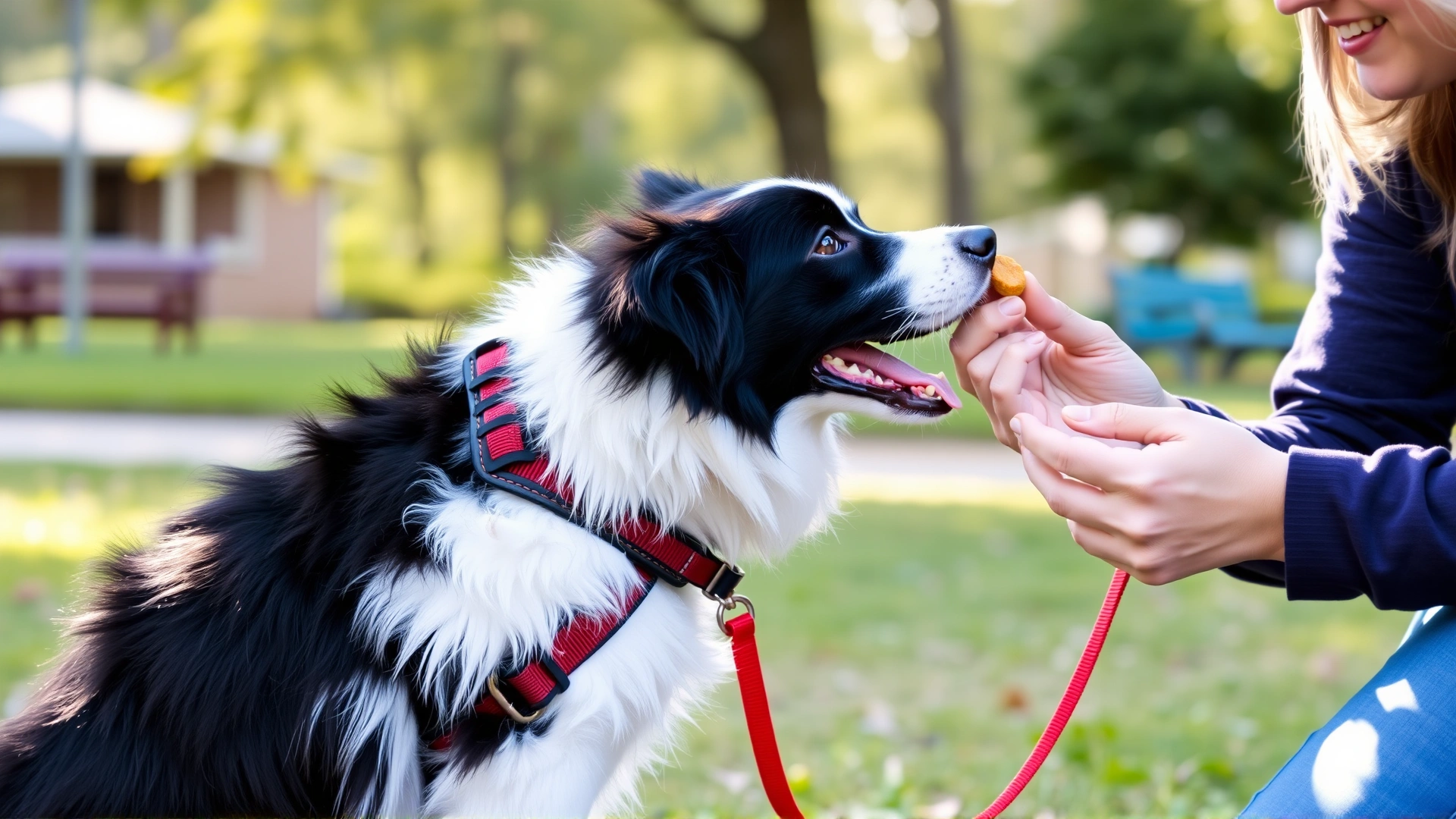 Teenage border collie wearing a training harness performing a sit command with its owner holding a treat, outdoor park