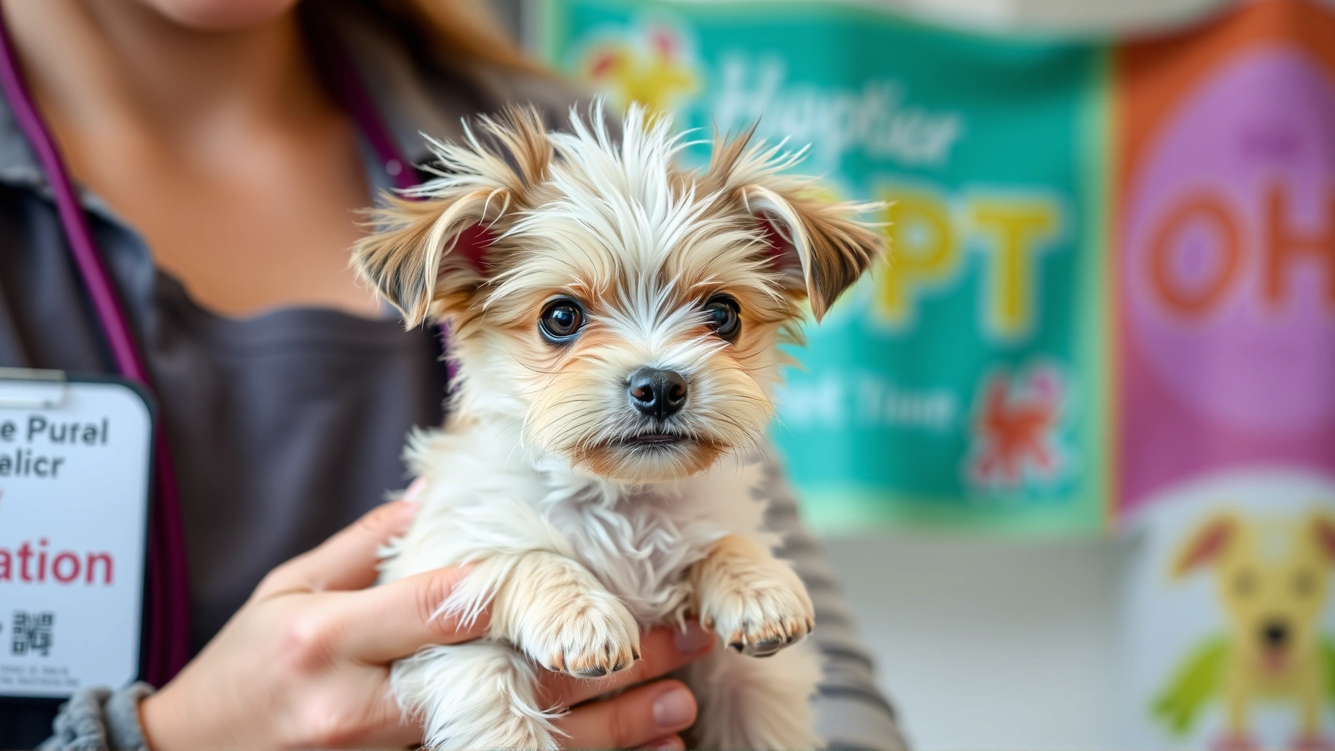 A Chinese Crested dog puppy being gently held by a shelter volunteer, colorful adoption banner blurred in background.