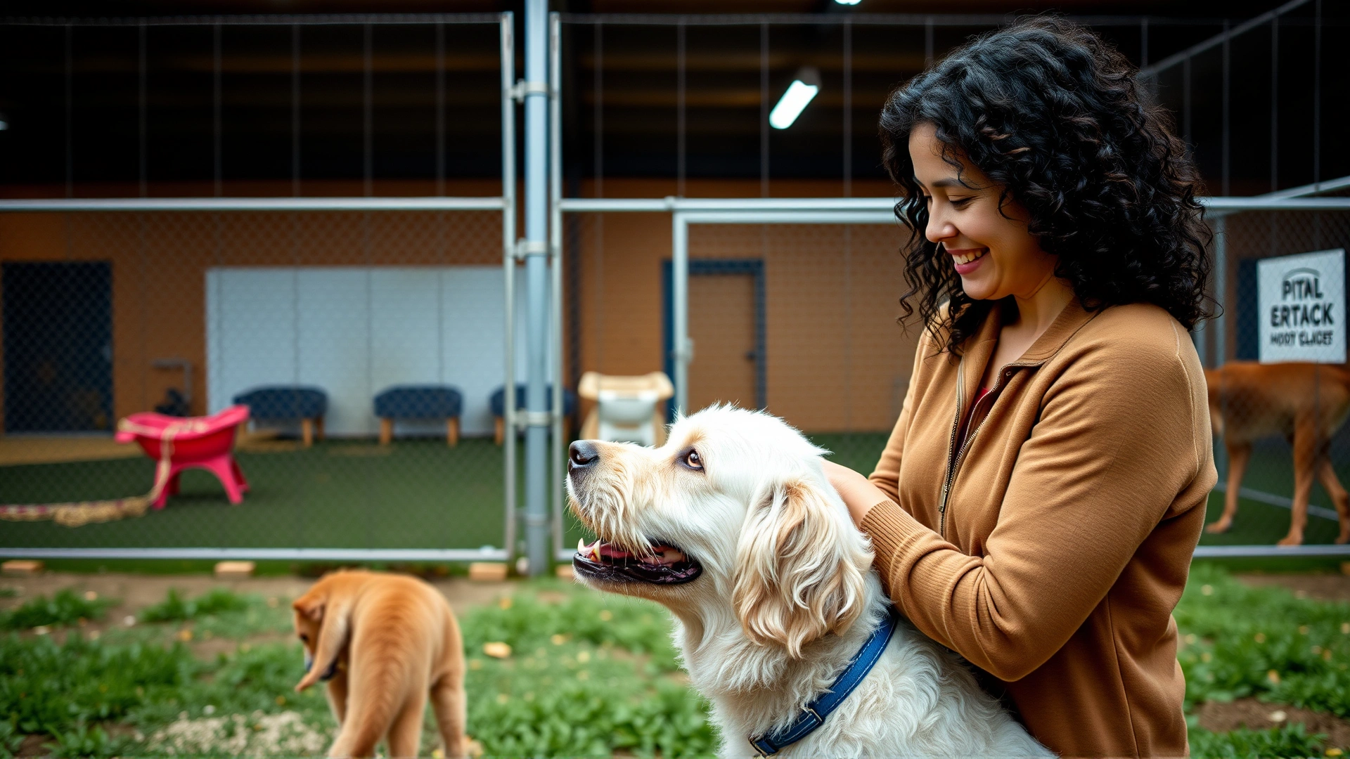 Family meeting an adult Curly-Coated Retriever at an animal shelter play yard, friendly interaction, hopeful mood.