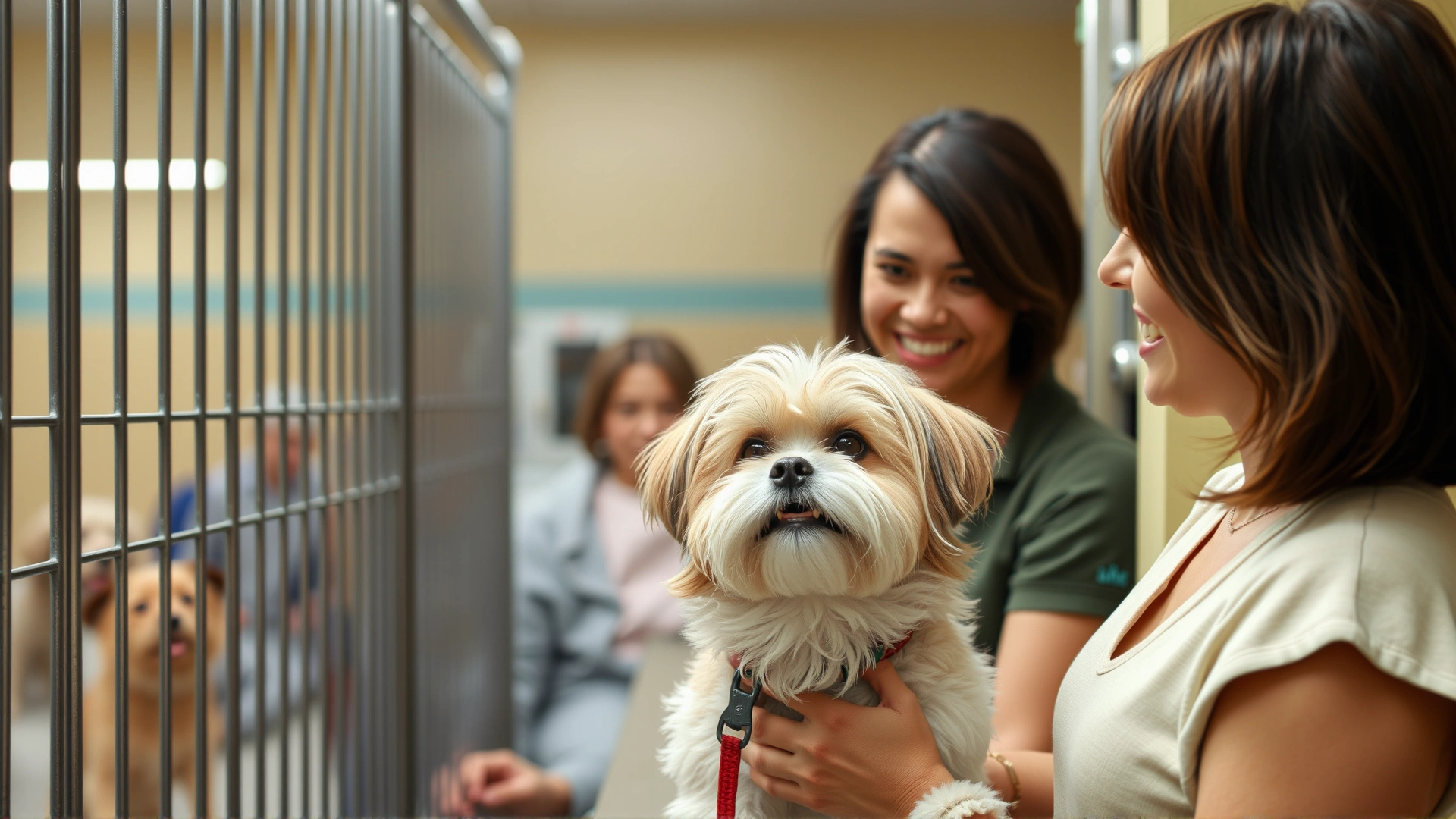 Smiling family meeting an adult Havanese dog at an animal shelter adoption area, capturing a heartwarming first encounter.