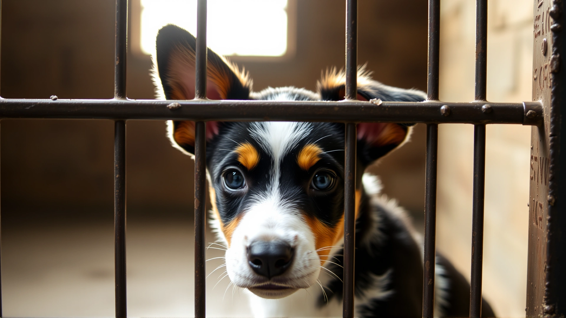 Texas Heeler puppy behind shelter kennel bars looking hopeful, soft natural light through window