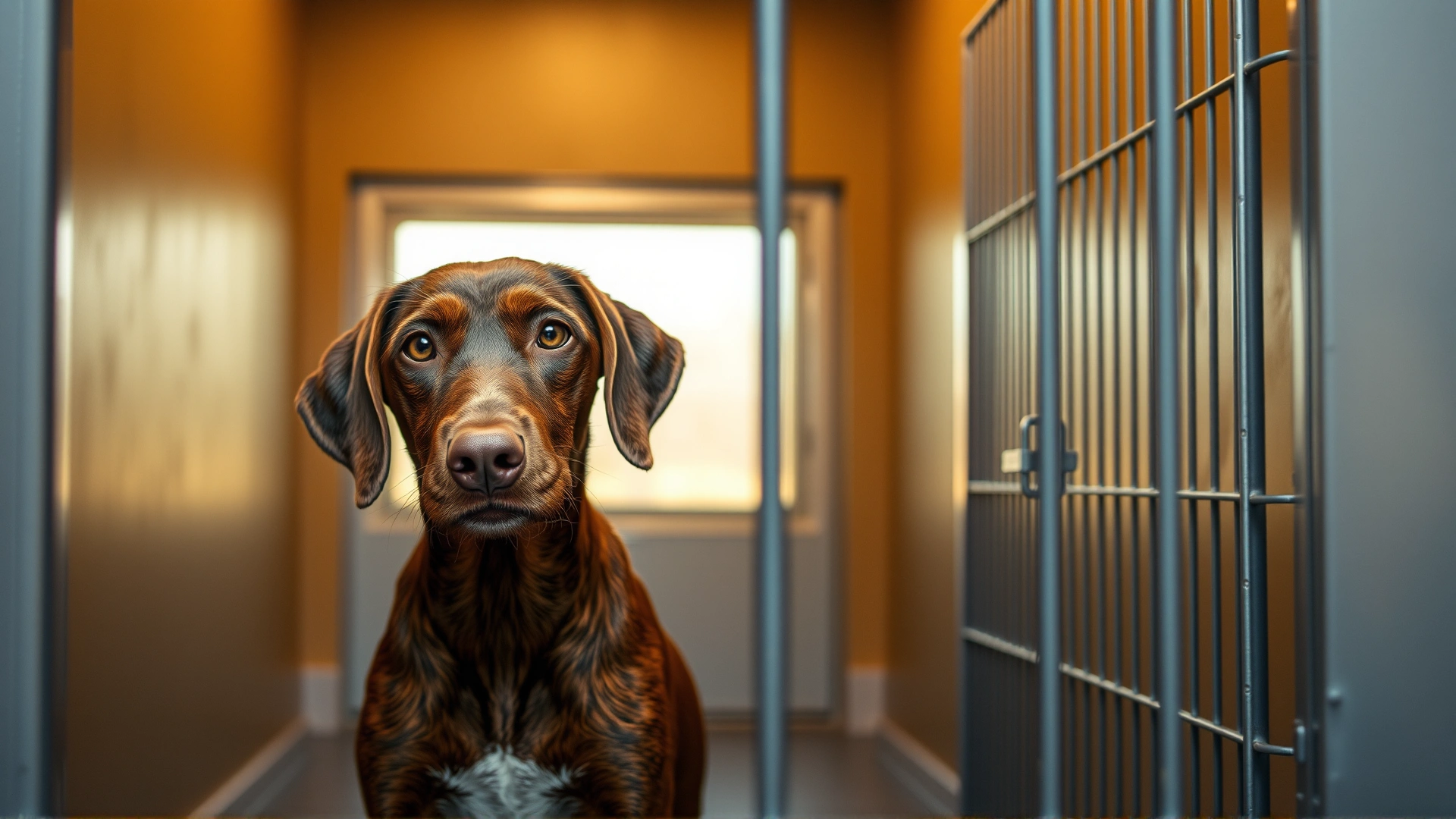 Hopeful Wirehaired Vizsla sitting inside an animal shelter kennel, soft window light illuminating its face, conveying a sense of longing and hope.