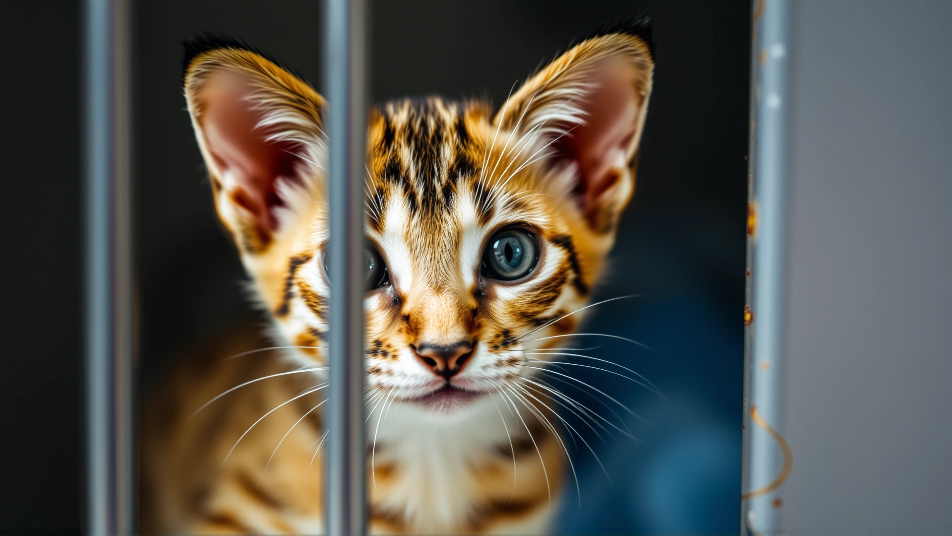 Egyptian Mau kitten peeking curiously through the bars of a clean animal shelter cage, soft focus, hopeful mood.