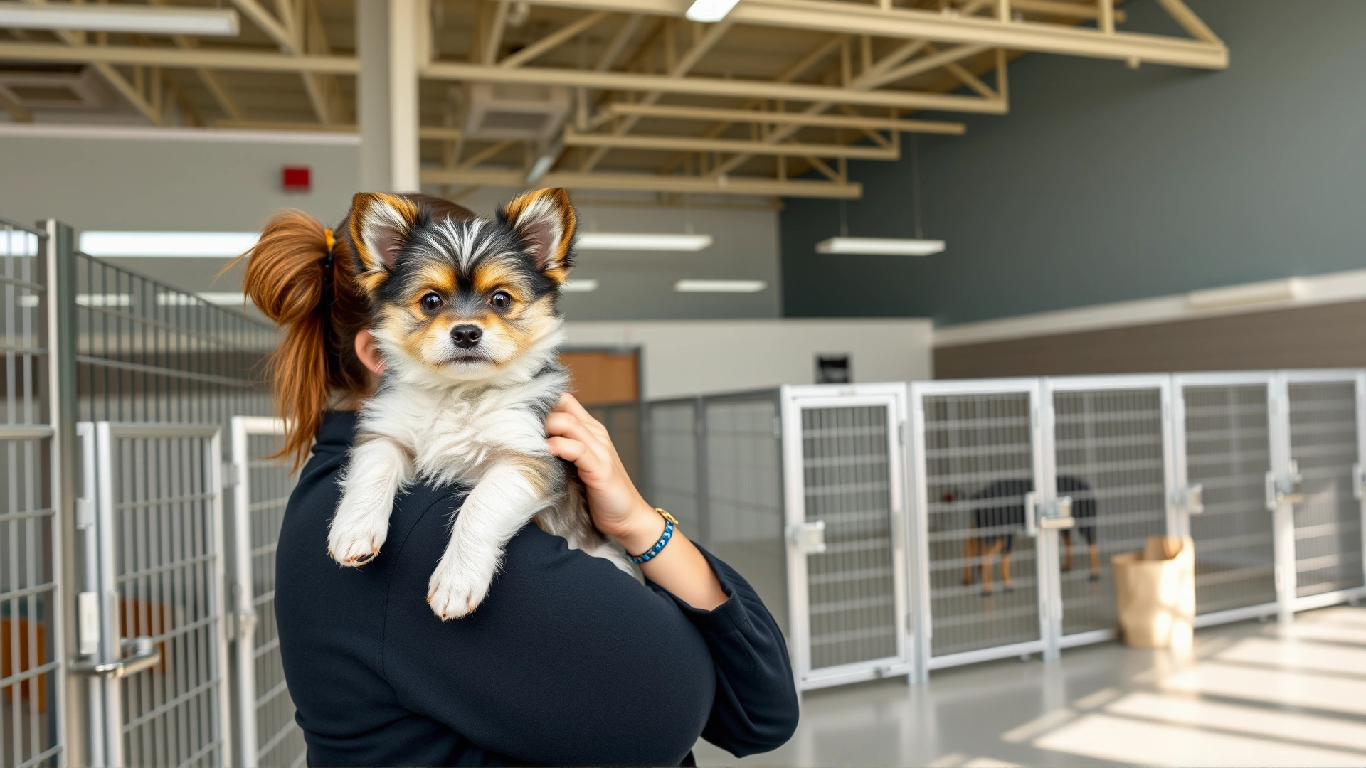 An interior view of a modern animal adoption center with kennel rows, a volunteer holding a Shorkie puppy, bright and welcoming.
