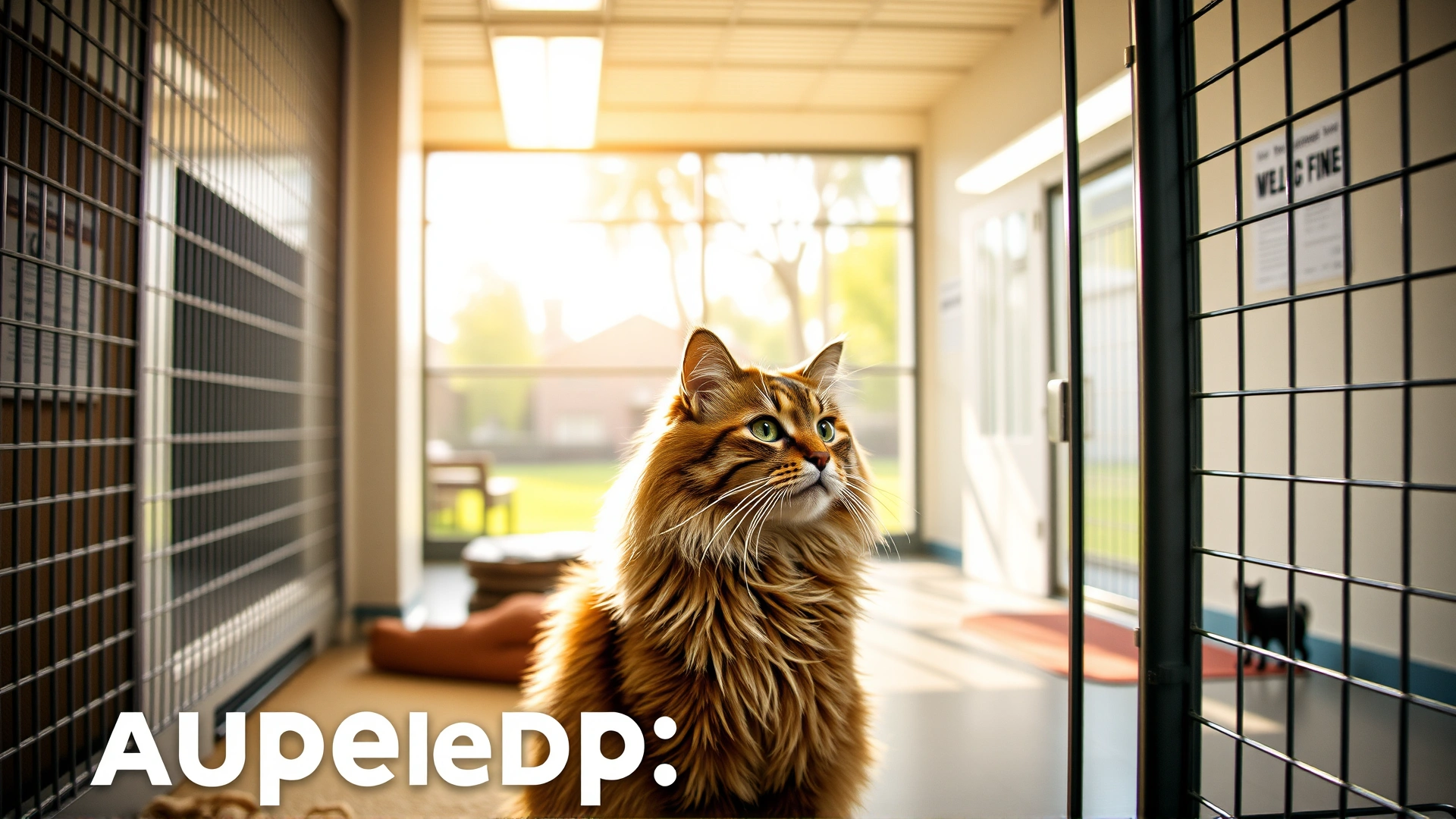 Bright, welcoming animal shelter environment with a Norwegian Forest Cat in a spacious enclosure looking outside, encouraging adoption.