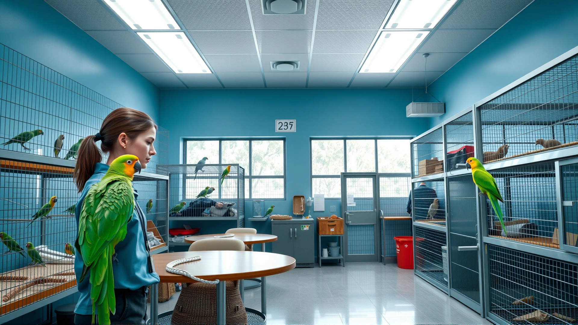 Clean, well-organized animal rescue center interior with multiple bird enclosures and a staff member interacting with a bright green parrot.