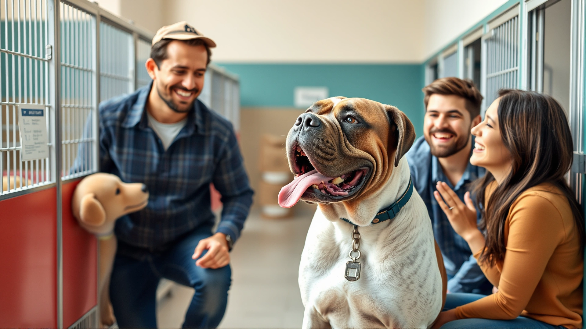 Happy family meeting an adult Neapolitan Mastiff at an animal shelter, capturing the moment of adoption, bright cheerful atmosphere.
