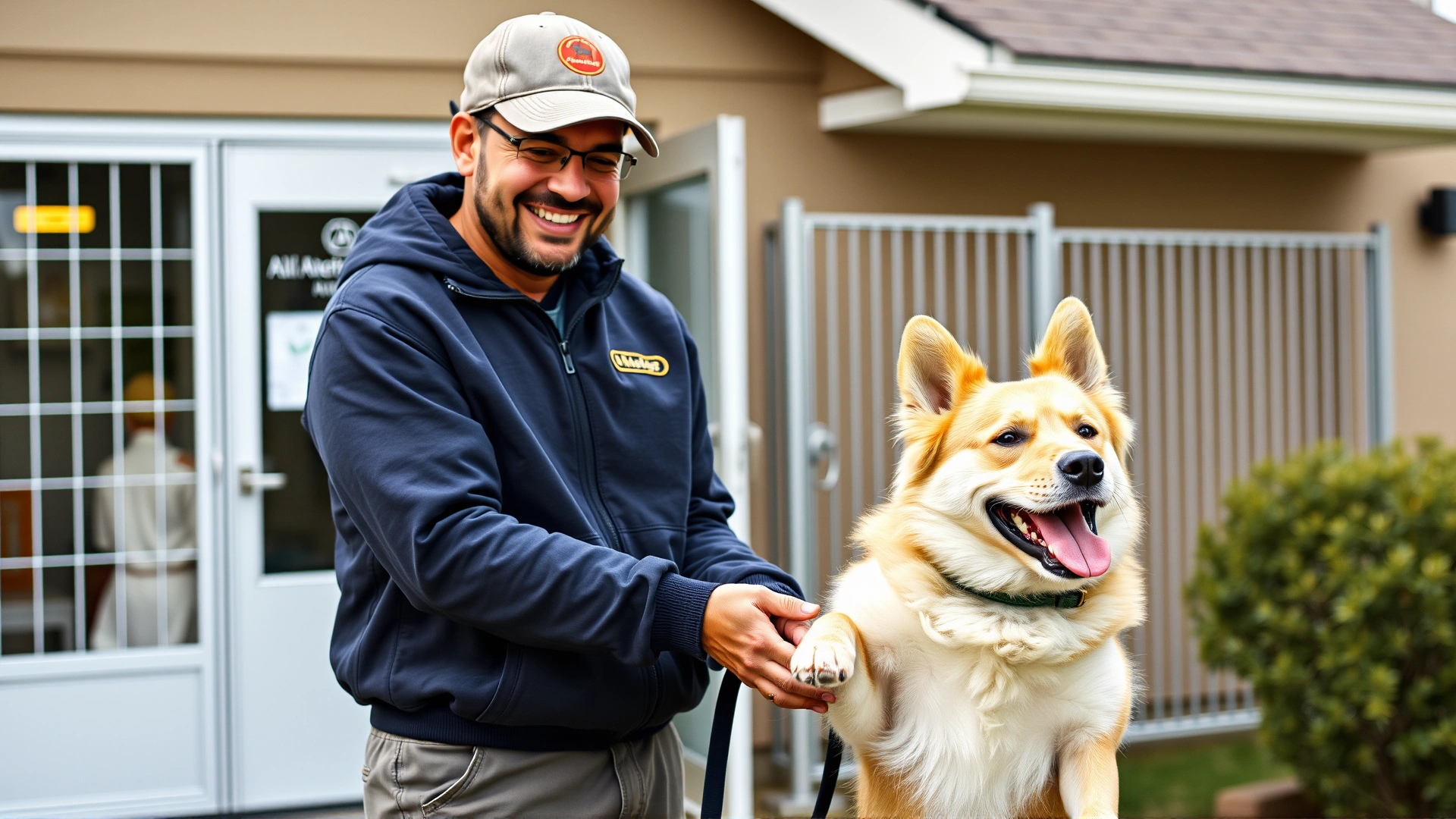 Shelter volunteer handing a happy dog to its new owner outside an animal shelter building, both smiling