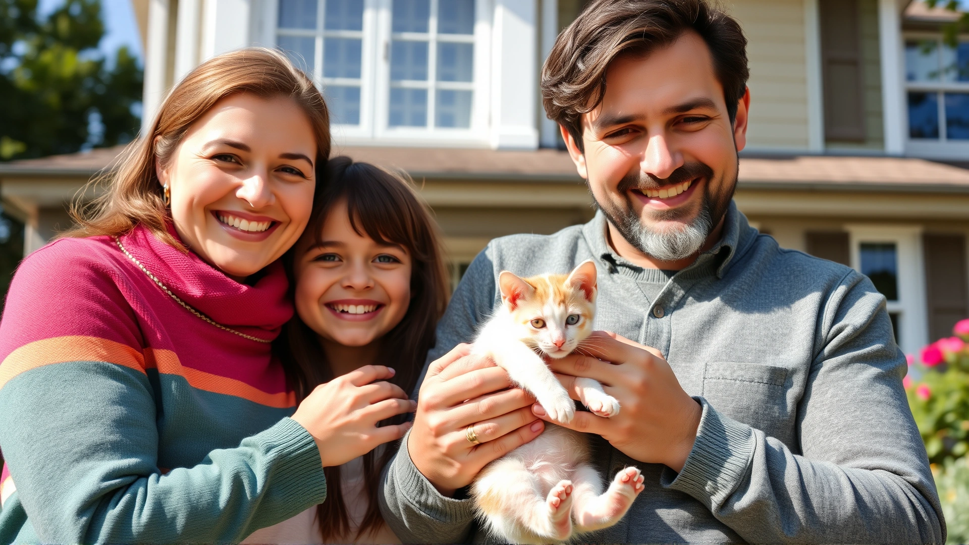 Happy family of three smiling and holding a healthy kitten in front of their home on a sunny day, celebrating adoption