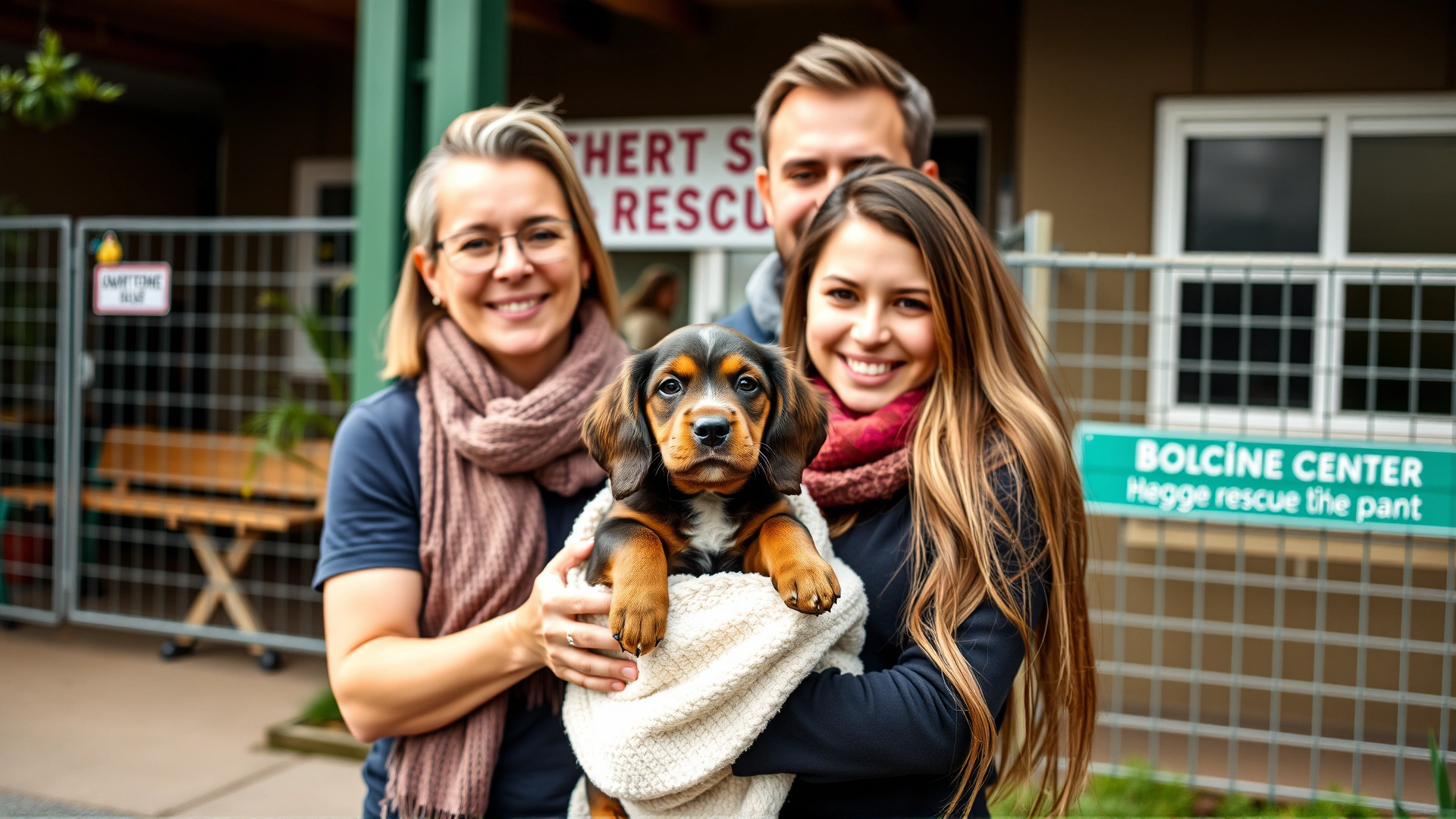 A happy family outside an animal rescue center holding a newly adopted Bolognese puppy wrapped in a soft blanket.