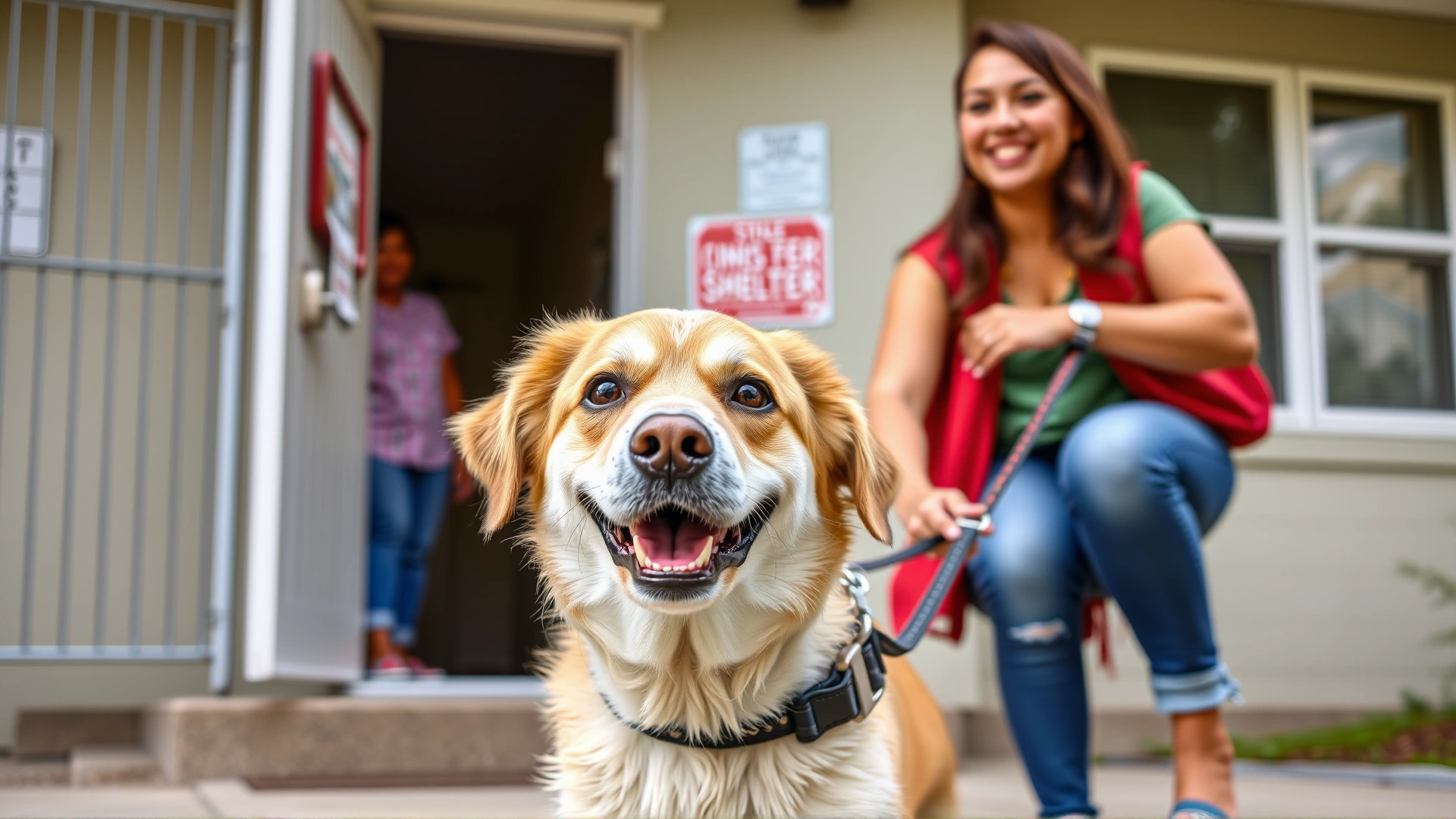 Friendly medium-sized dog on a leash greeting a young couple outside a shelter, volunteers smiling in the background, natural outdoor lighting, no text