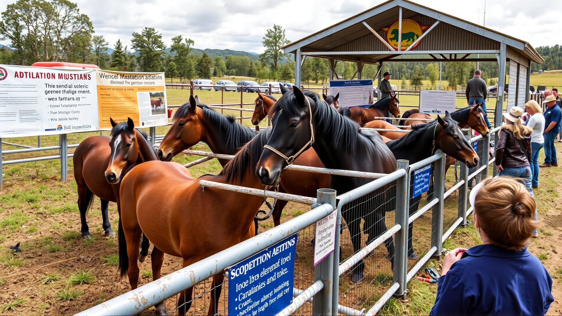 Outdoor BLM adoption event showing gentled mustangs in metal pens with informational banners and prospective adopters watching