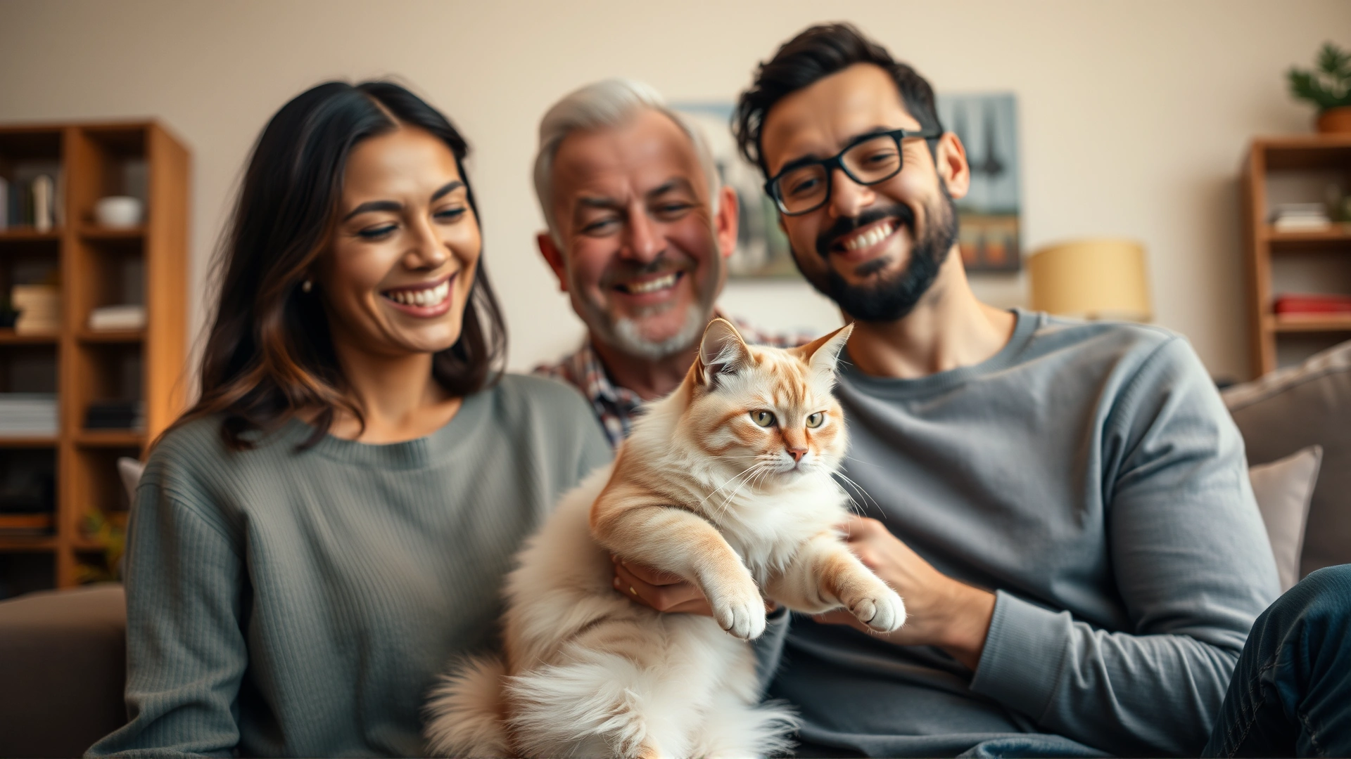 Happy family holding a newly adopted Burmilla cat in a living room, warm lighting, candid moment