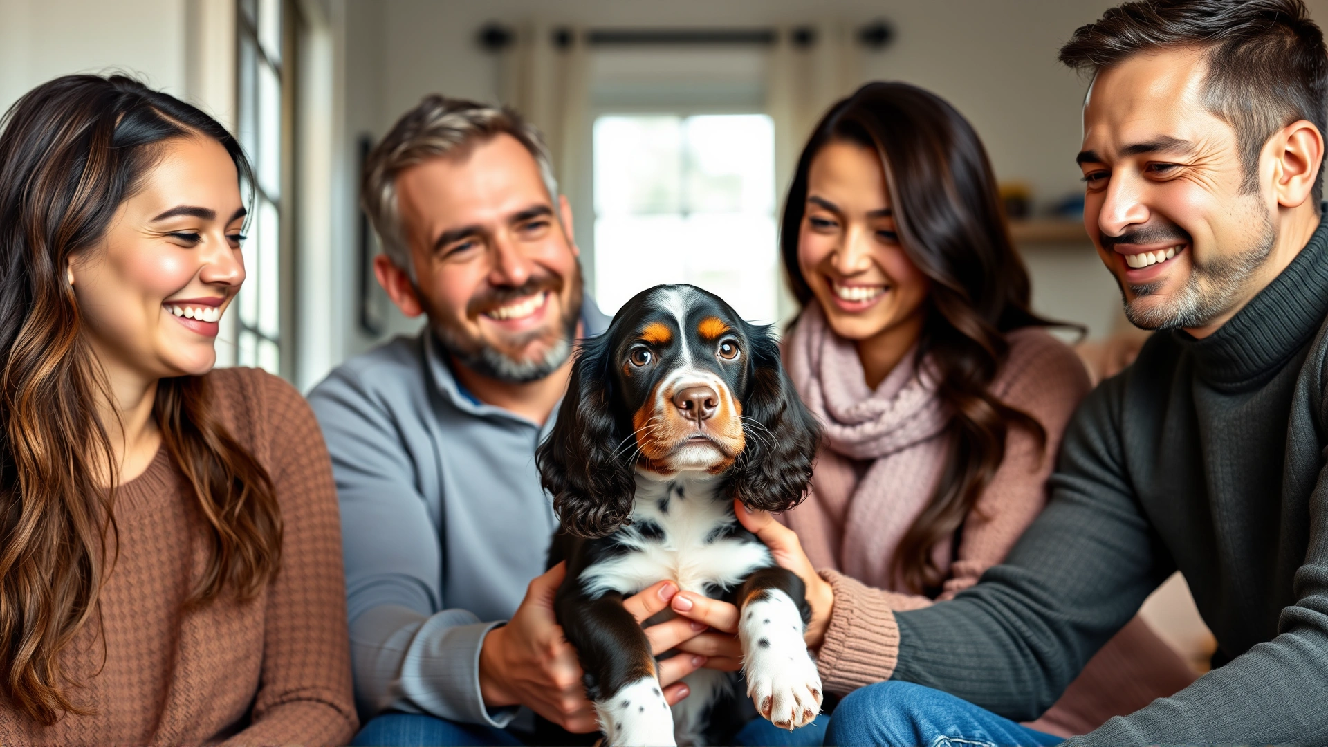A smiling family welcoming a Field Spaniel puppy into their home, illustrating adoption.