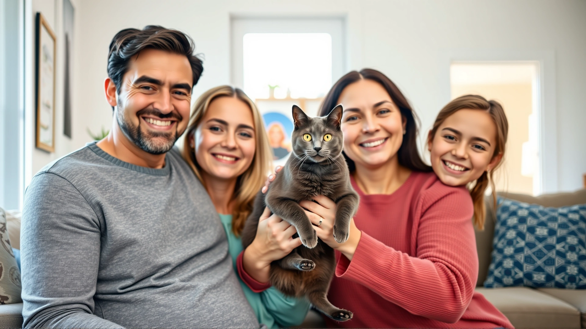 Smiling family holding a Russian Blue cat in a bright living room