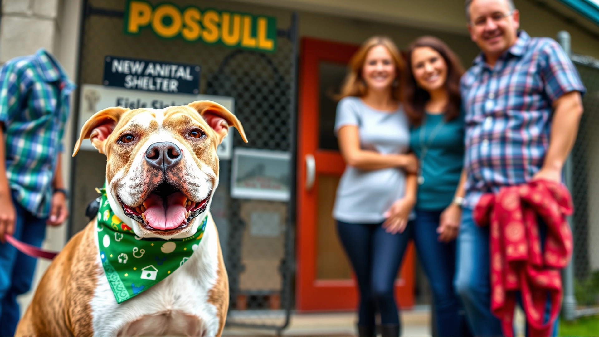 Newly adopted Pit Bull wearing a colorful bandana, standing with a happy family outside an animal shelter, everyone smiling.