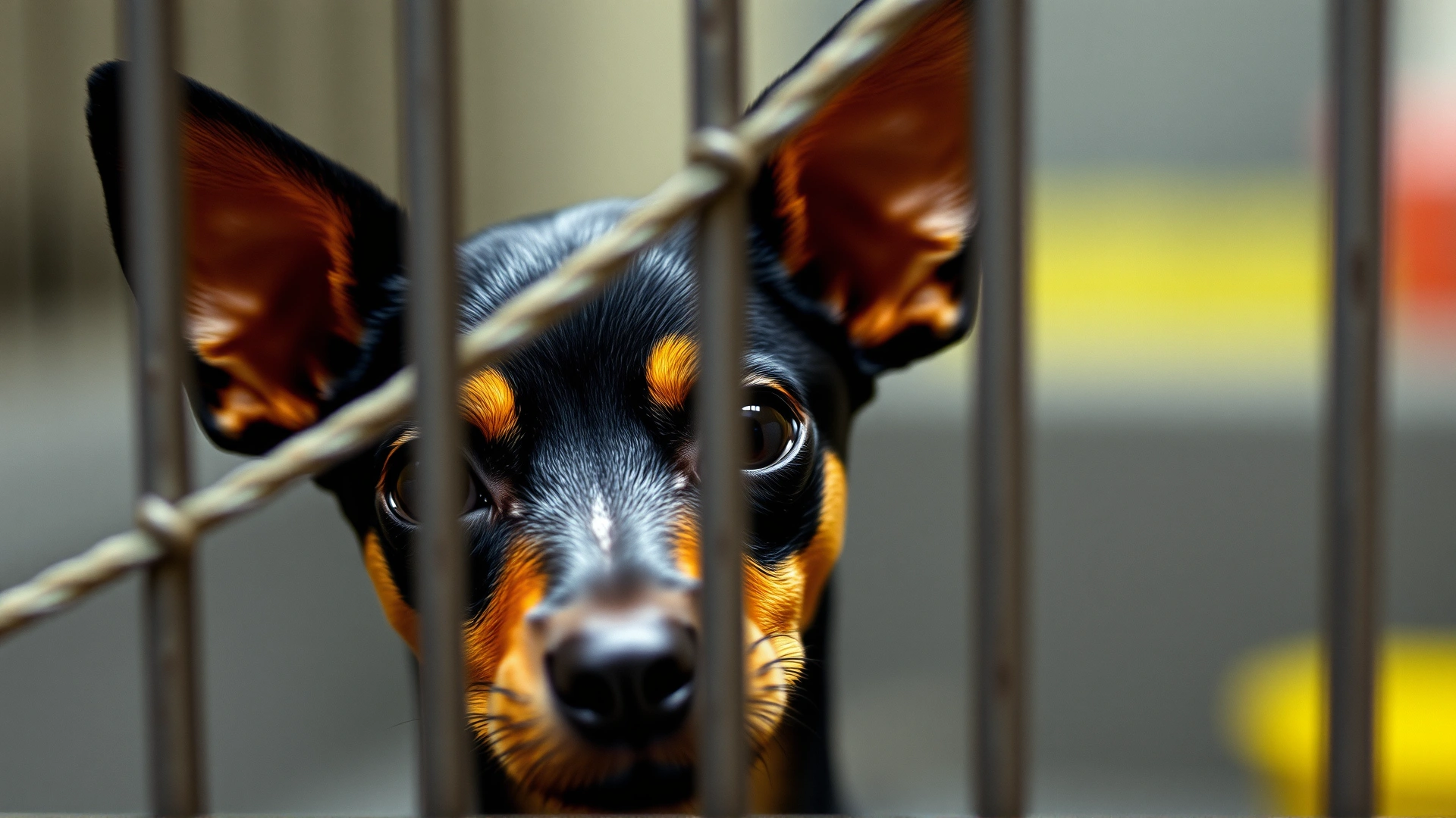 Miniature Pinscher looking through animal shelter kennel bars with hopeful eyes, soft focus