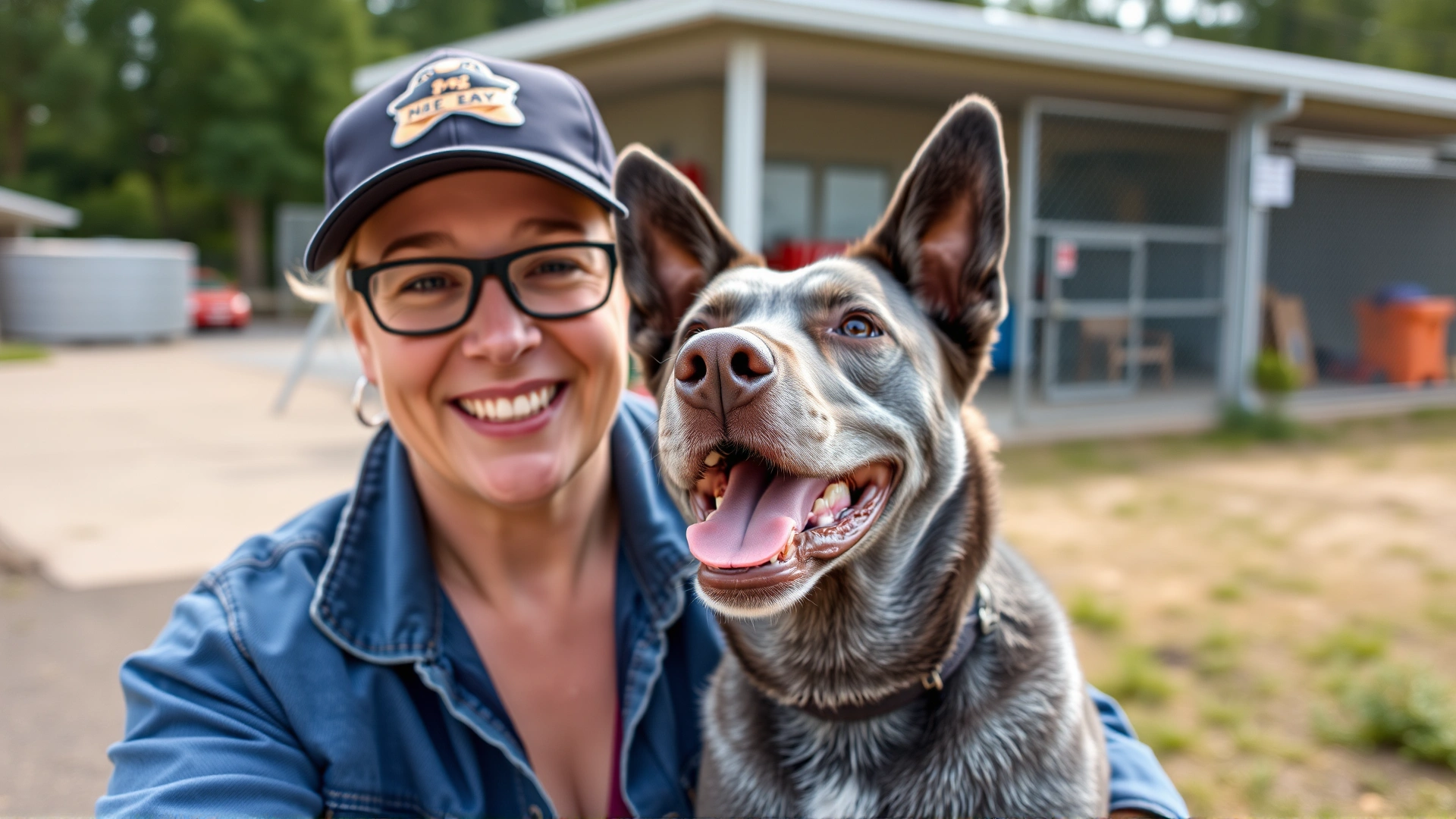 Happy Blue Lacy with a new owner outside an animal rescue center, both looking excited.