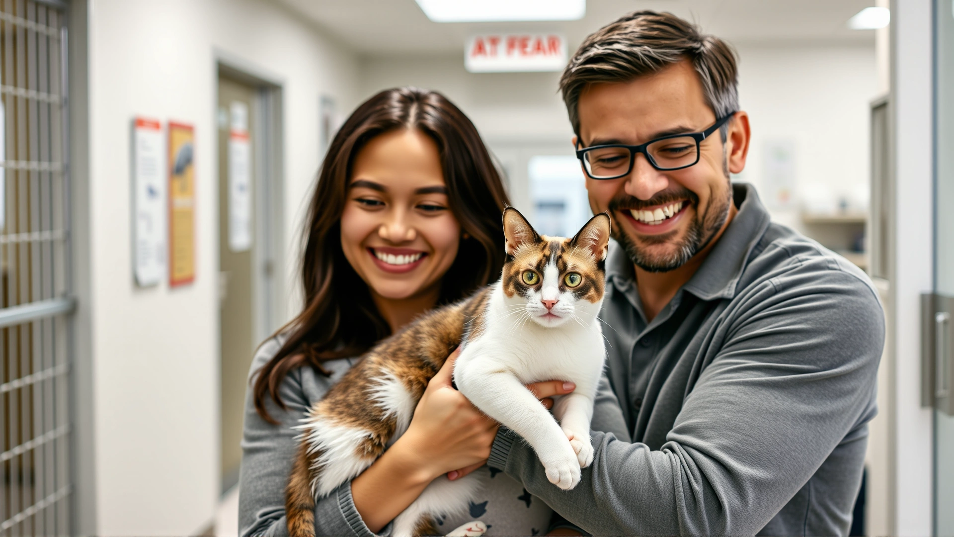 Happy family gently holding a newly adopted Colorpoint Shorthair cat inside an animal shelter lobby, conveying joy and compassion.