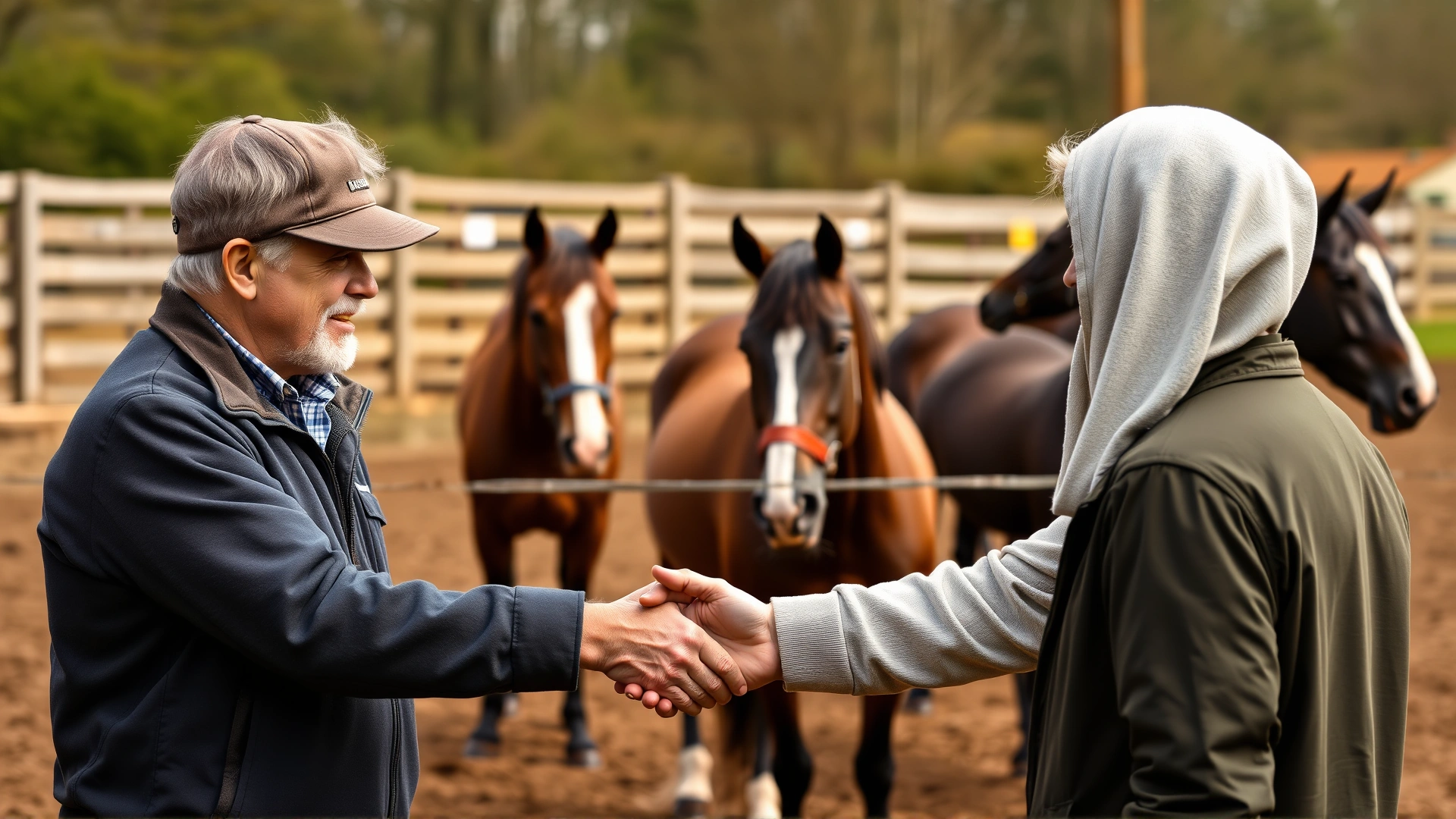 Prospective owner shaking hands with a breeder in front of a paddock containing several Falabella horses