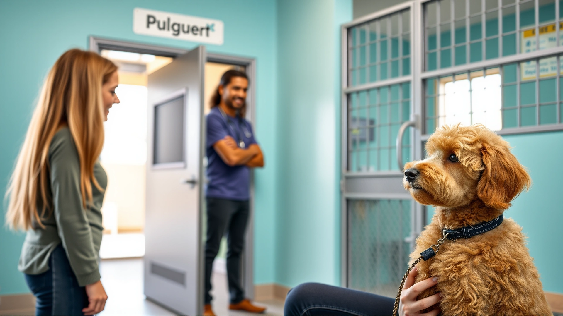 Prospective pet parent meeting an adult Goldendoodle at a bright, welcoming animal rescue shelter.