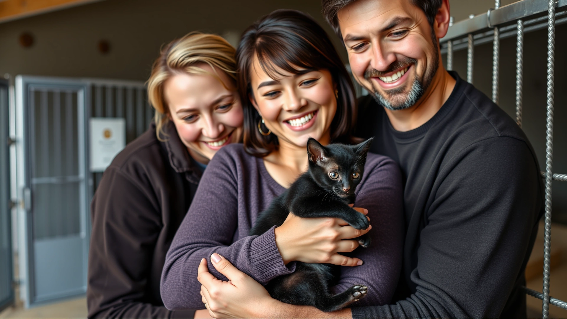 Joyful family holding a rescued black kitten at an animal shelter, natural candid moment showing affection and hope.