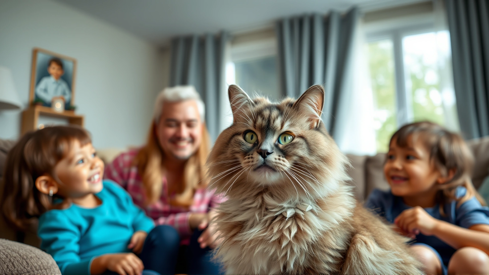 Heartwarming scene of a Nebelung cat meeting its new family in a calm living room, gentle smiles all around.