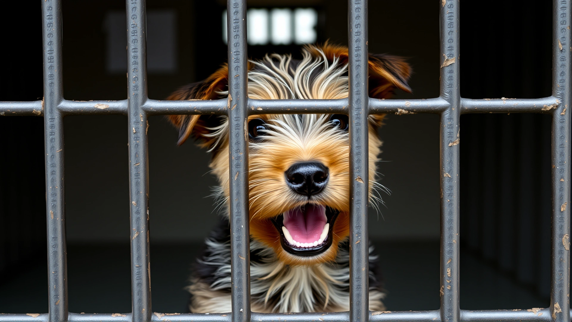 Happy Lakeland Terrier puppy looking out through the bars of an animal shelter kennel, hopeful expression, no text.