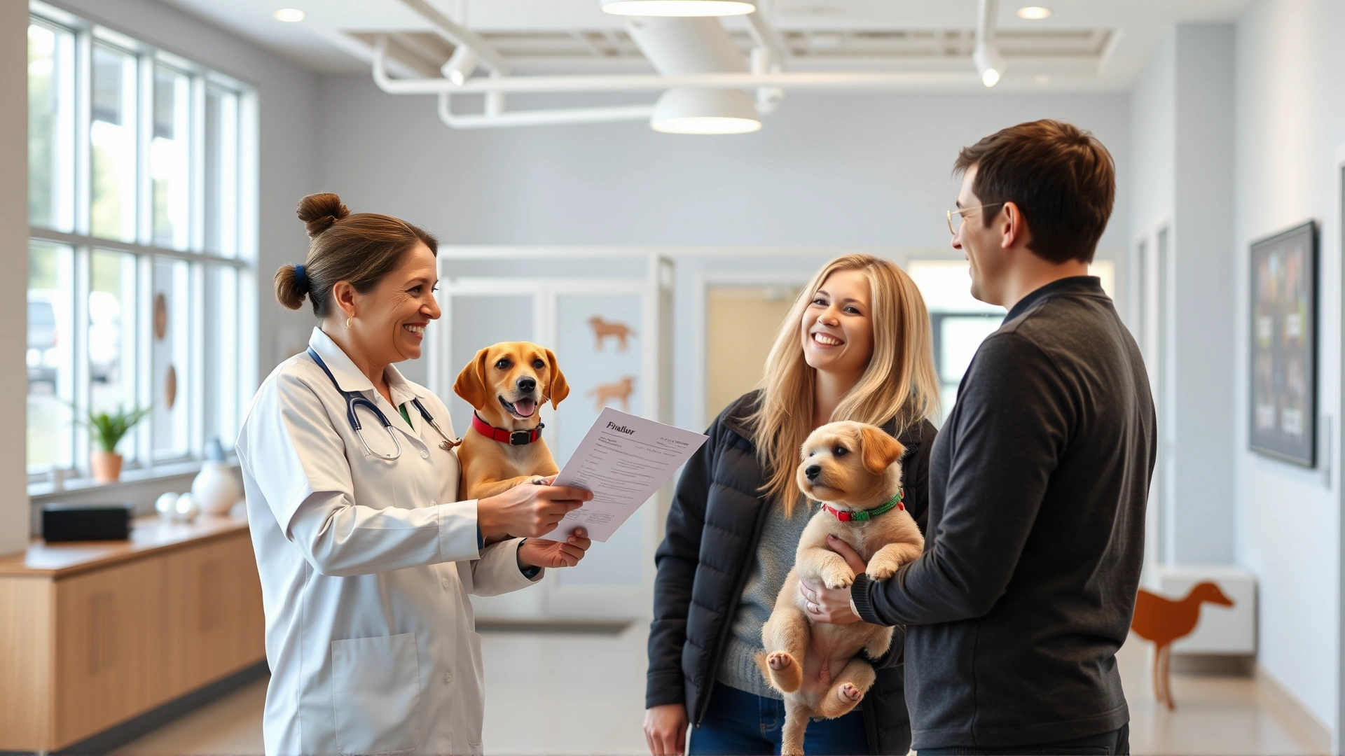 Shelter worker handing finalized adoption paperwork to a smiling couple inside a bright, modern animal shelter lobby