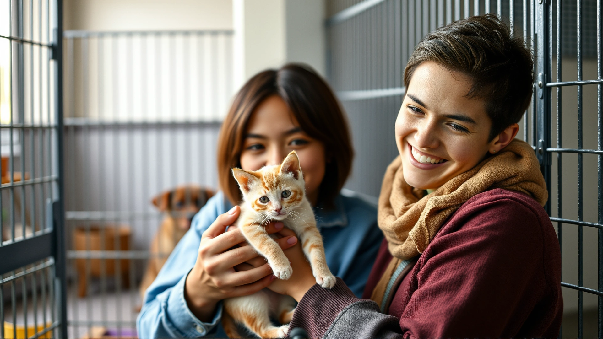 Happy young couple adopting a Burmese kitten from an animal shelter, cages softly blurred in the background