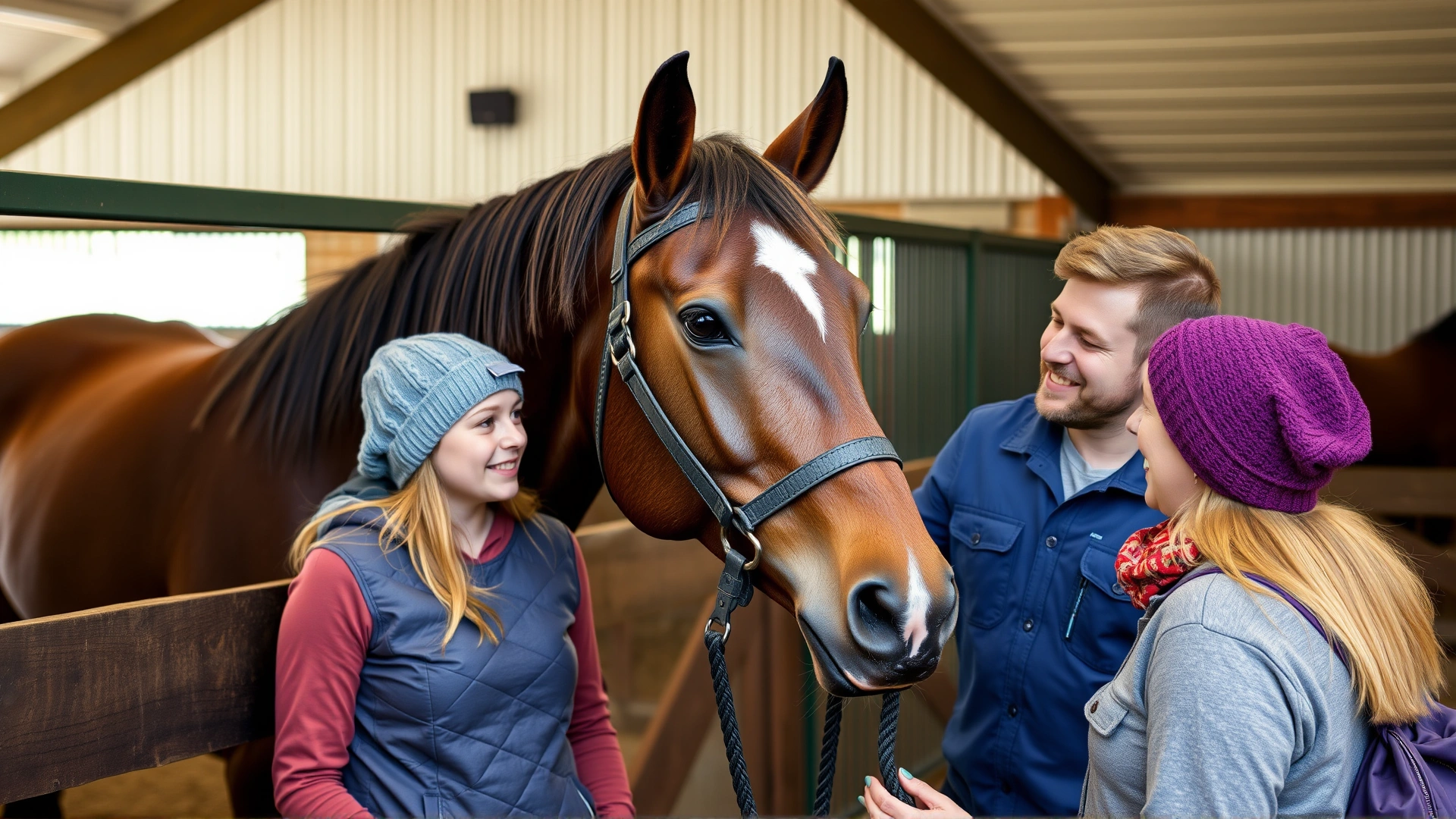 Happy family meeting a Morgan horse at a rescue shelter stable, caretaker smiling in the background.